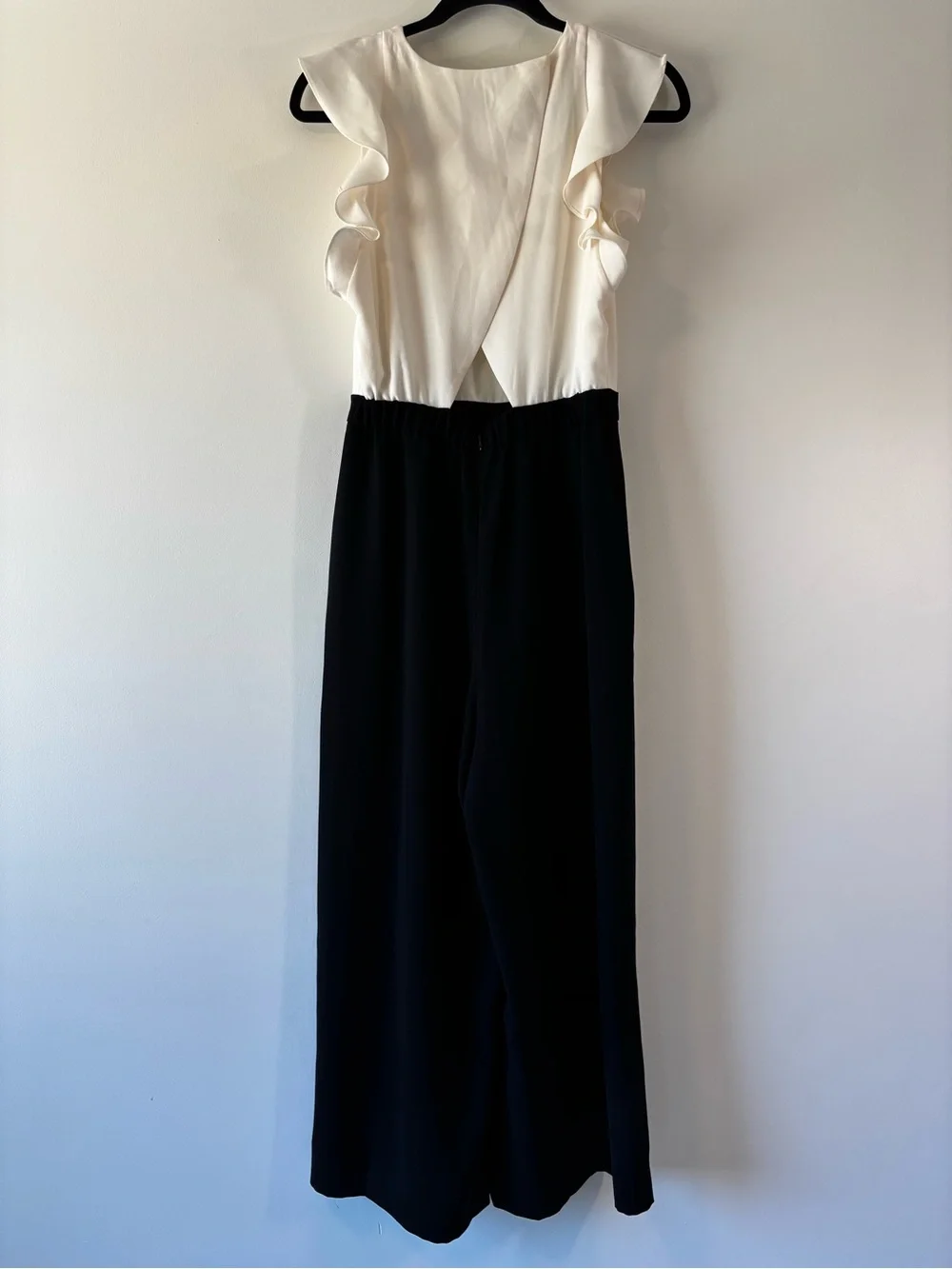 J. Crew Flutter Sleeve Open Back Jumpsuit with pockets, Cream & Black